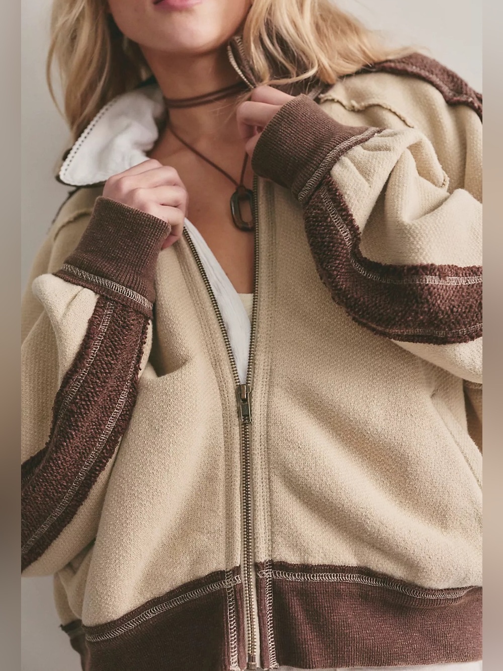 Free People We The Free I'm Yours Turtle Zip-Up in Espresso Cream Combo NWOT